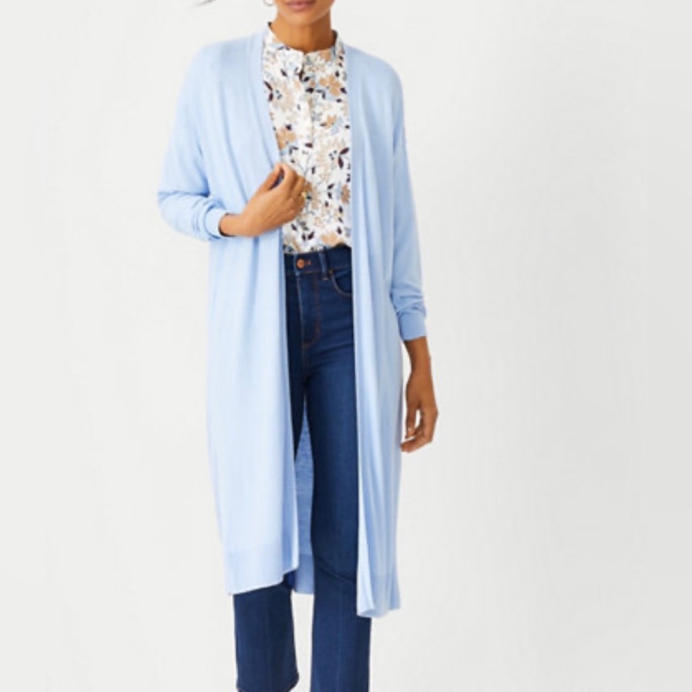 NWT Ann Taylor Cardigan Duster Light Blue Sweater Open Front Long Sleeve